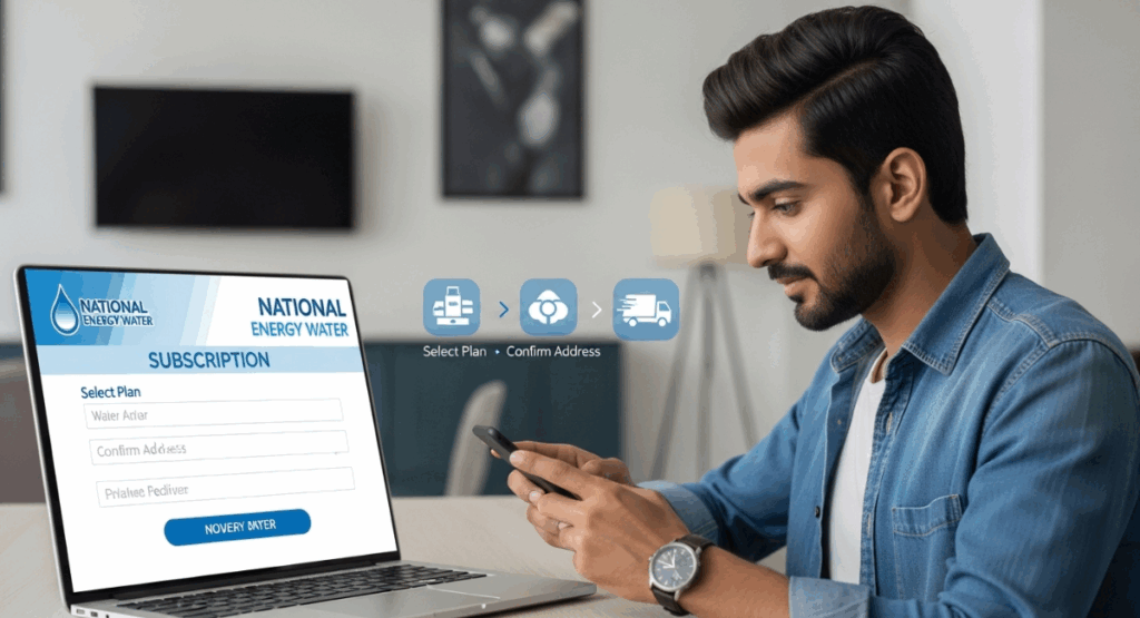 Customer subscribing to National Energy Water delivery online in Lahore.