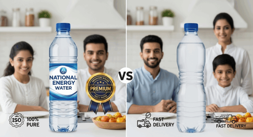 National Energy Water bottle compared with a competitor, showing higher quality and preference by Pakistani family or office staff.