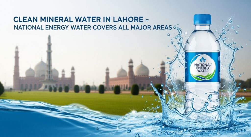 A clean and modern promotional image showing bottled clean mineral water branded as “National Energy Water” in Lahore, Pakistan.