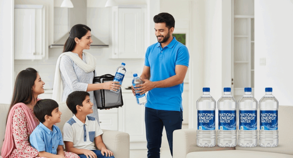 "Customer receiving bottled water delivery at doorstep in Pakistan – highlighting convenience and freshness"