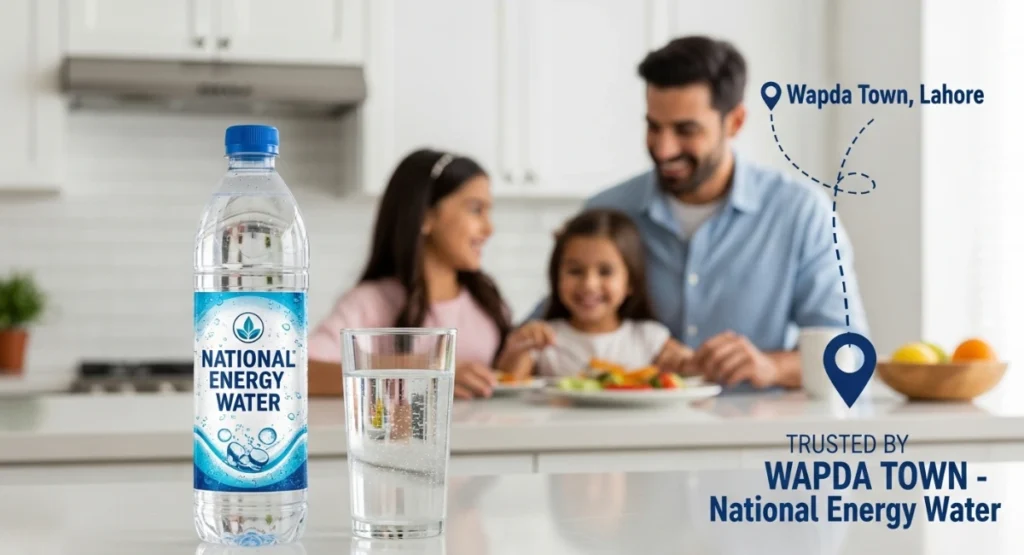 National Energy Water bottle on kitchen counter with glass of water in Wapda Town home, happy family in background.