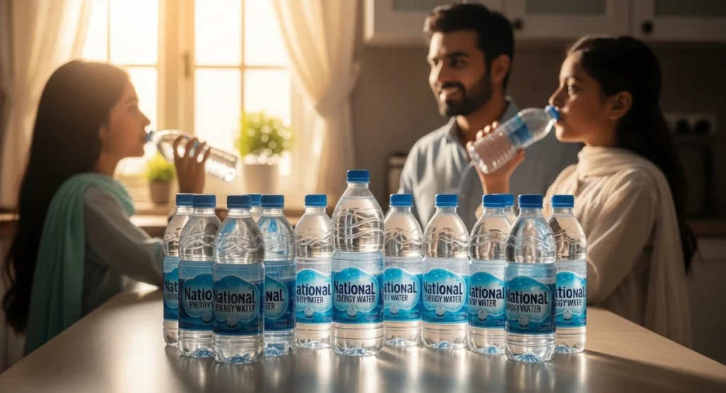 Affordable bottled water from National Energy Water displayed on a table with a happy family in the background enjoying clean and safe drinking water at home.