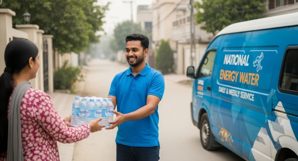National Energy Water delivery man handing bottled water to a happy customer in Johar Town with van showing daily, weekly, and monthly delivery service.
