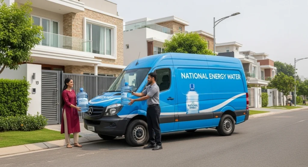 National Energy Water home delivery van outside a Model Town house delivering bottled water to a happy customer.