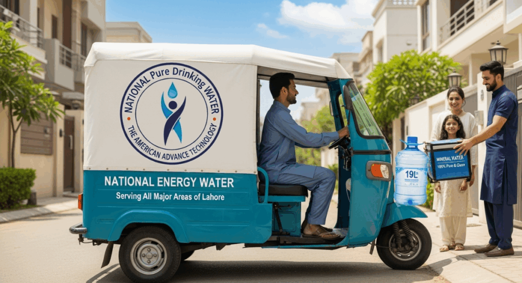 National Energy Water delivery truck providing clean mineral water to a family in Lahore residential area.