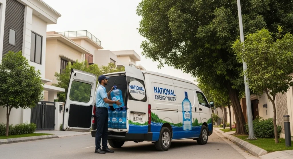 National Energy Water delivery van providing purified bottled water in Lahore.
