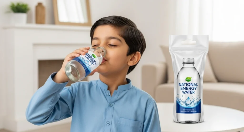 Child drinking premium bottled water from National Energy Water showing taste, safety, and freshness
