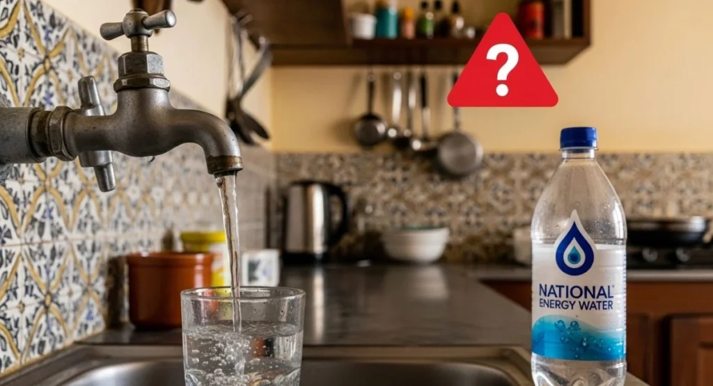 Lahore tap water pouring into glass beside National Energy Water bottle – safe bottled option vs. uncertain tap quality.