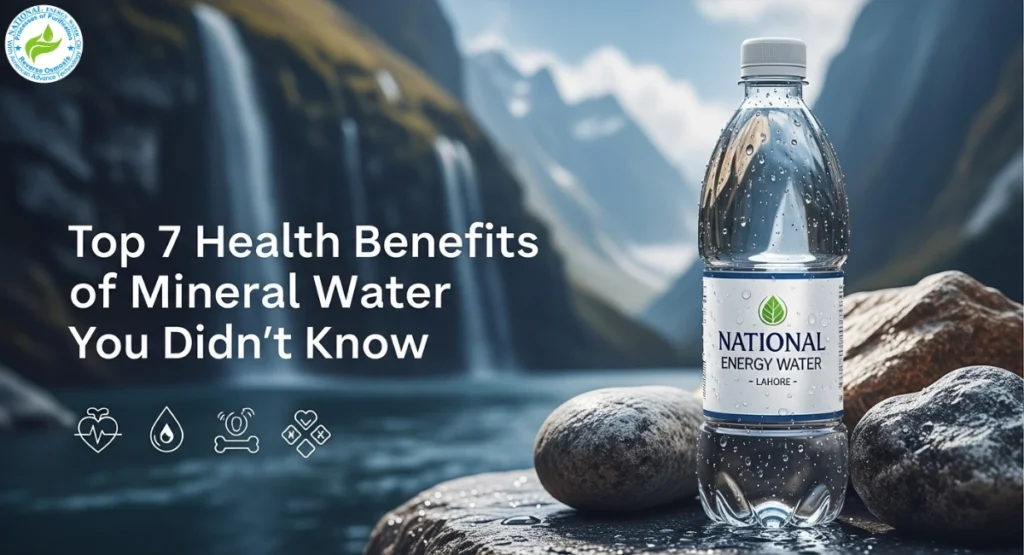 Bottle of National Energy Mineral Water Lahore with mountain spring background, showcasing top 7 health benefits of mineral water with heart, hydration, and wellness icons.

