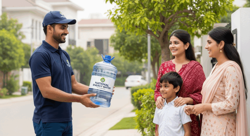 National Energy Water delivery in Green Town Lahore – safe drinking water handed to a local family at home.