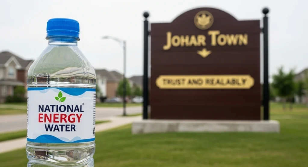 National Energy Water bottle placed in front of a Johar Town street sign, showing a trusted and affordable water service provider for local households.