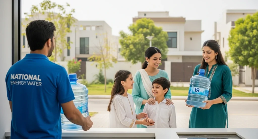 Home water delivery in Model Town by National Energy Water to a Pakistani family in a clean kitchen.