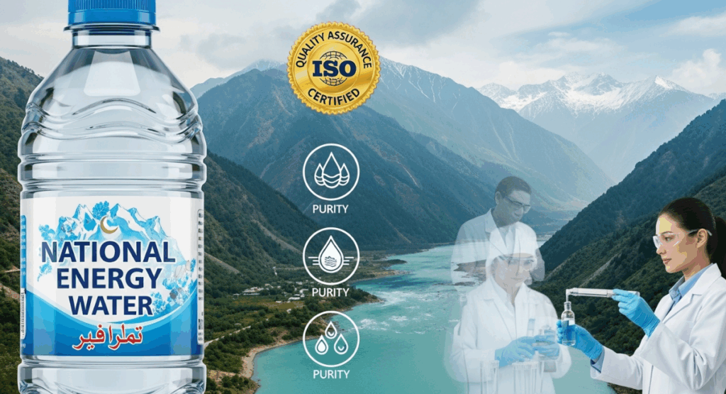 "Purified bottled water from National Energy Water with advanced filtration facility in Pakistan – highlighting premium quality and strict hygiene standards."