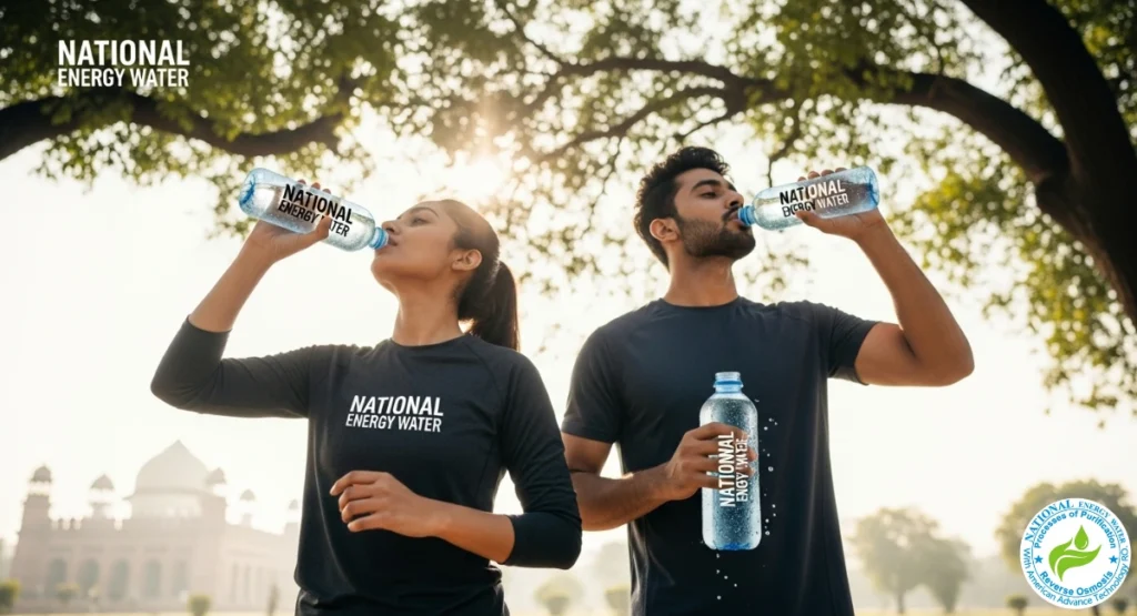 Active couple drinking National Energy Water after a morning run in a Lahore park, promoting healthy hydration.