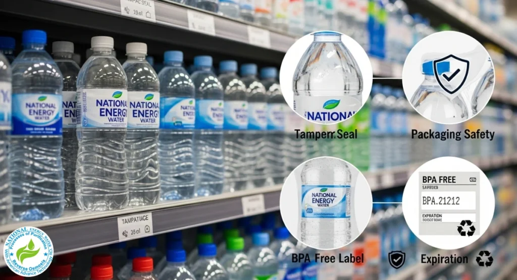 National Energy Water with sealed packaging and BPA-free label shown in a Lahore store as a safe bottled water option.