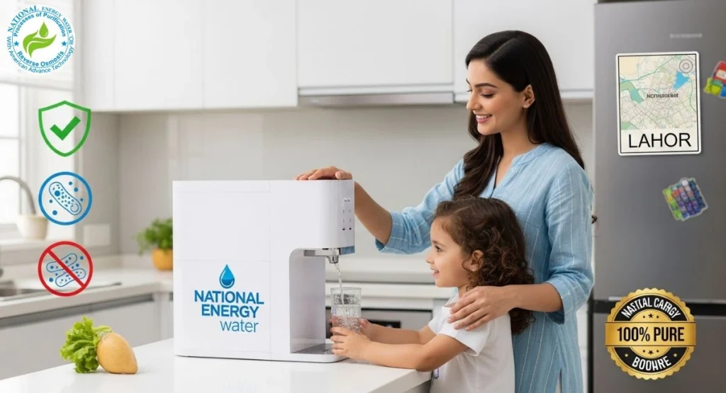 Mother pouring purified water for her child in a Lahore kitchen with safe drinking water options on the counter.